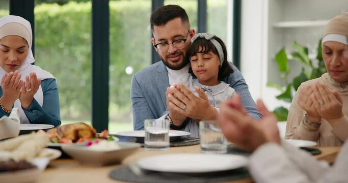 Muslim family, prayer or dinner at table for Ramadan, Eid Mubarak or Iftar at home. Food, mother or father with parents on Islamic holiday, eating or breaking fast together in celebration of religion