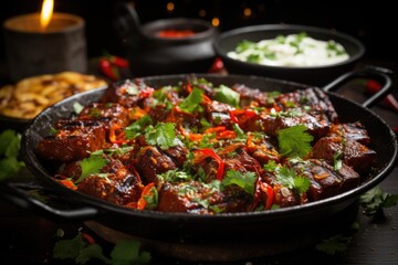 Beyti Kebab involves in tomato sauce with grilled peppers, close-up, generative IA