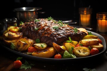 Baked meat closeup with sauce, vegetables and chips on a plate on the table, generative IA