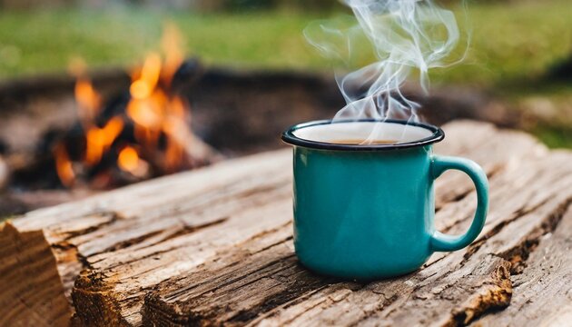 Enamel cup of hot steaming coffee on old log by an outdoor campfire. Tasty drink.