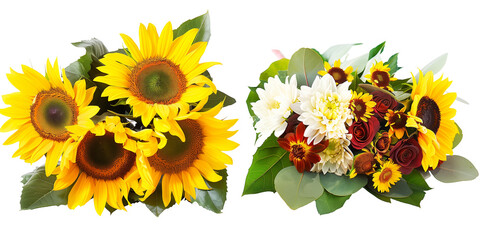 flowers bouquet made with Sunflowers, isolated on transparent background