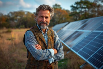 Man with crossed arms overlooks solar panel field under blue sky