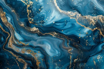 Abstract background, blue marble with gold glitter veins, fake stone texture, painted artificial marbled surface, fashion marbling