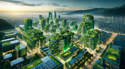 Eco-friendly buildings with greenery and solar panels in modern city skyline