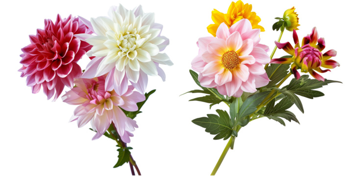 flowers bouquet made with Dahlias, isolated on transparent background