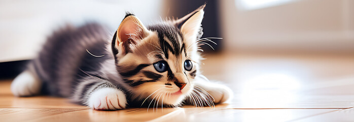 Cute domestic kitten with blue eyes is playing on the floor and hunting. banner with copy space