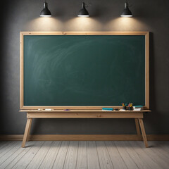 blank blackboard with chalk, lights, school or learning concept illustration in 3d