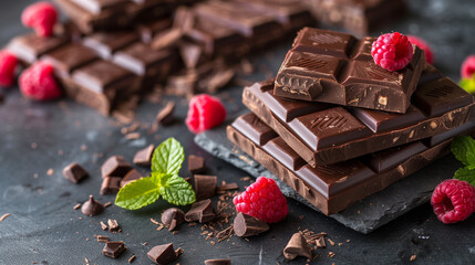 chocolate bars with raspberries and mint on a dark background