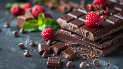 chocolate bars with raspberries and mint on a dark background