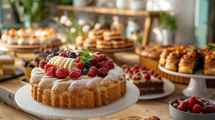 delicious cakes with berries on table in cafe - Powered by Adobe