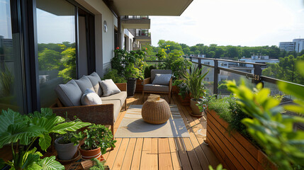 A peaceful balcony garden with a basic seating setup. - obrazy, fototapety, plakaty