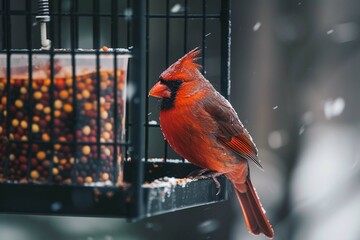 Bright red male northern cardinal songbird perched bird on a backyard feeder.
 - obrazy, fototapety, plakaty