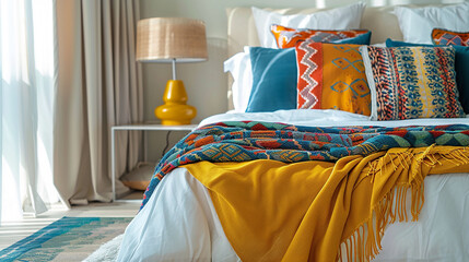 A neatly made bed with a colorful patterned blanket, adding a pop of color to the room.