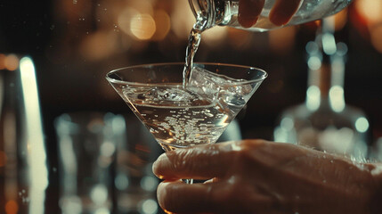 An intimate view of a bartender's hands as they carefully pour vodka cosmopolitan into a martini glass, highlighting the cocktail's exquisite presentation and refreshing aroma. - obrazy, fototapety, plakaty