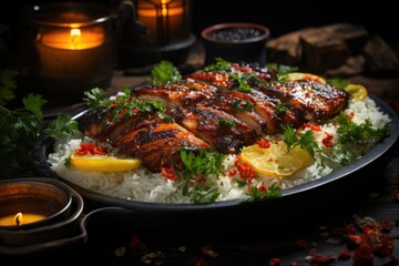 Rice ornament with spicy grilled grilled chicken thigh on a granite plate, generative IA - obrazy, fototapety, plakaty
