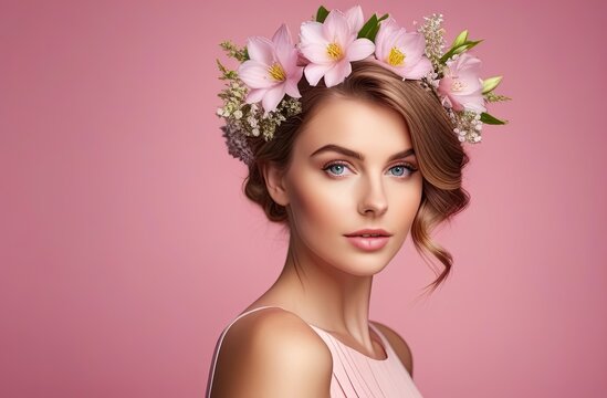 Portrait of a lovely young girl on a pink background with spring flowers in hairstyle and makeup