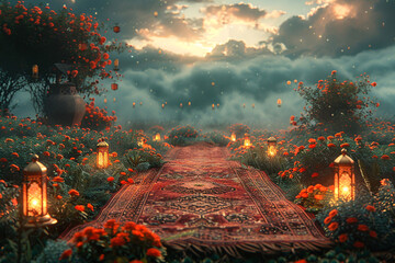 prayer mat in a beautiful nature landscape, ramadan Kareem, Eid Mubarak Islamic festival social media banner and Eid Mubarak Post Template, islam - obrazy, fototapety, plakaty