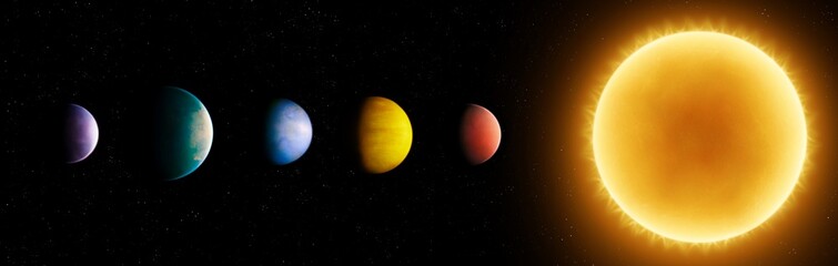 Star with planets. Planetary system. Model of a star system with exoplanets. Planets in a row near the sun.