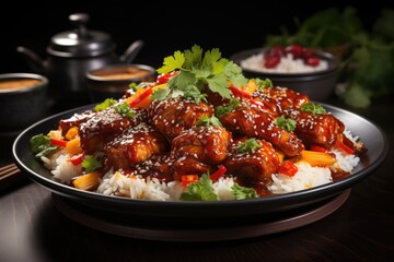 Fried Asian food chicken with sauce and rice served on the plate, generative IA