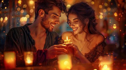 Obraz na płótnie Canvas Romantic Couple Celebrating, Surrounded by Candles