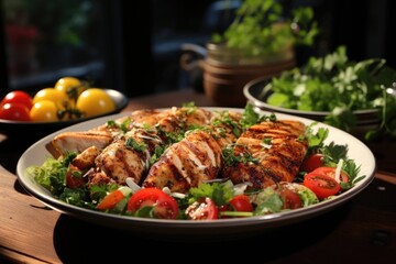 Grilled chicken on a white plate with a salad, tomato, peppers cut into pieces on , generative IA - Powered by Adobe