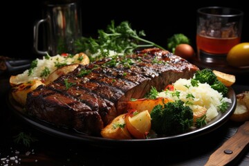 GRILLED STEAK WITH POTATO RICE AND VEGETABLES ON WHITE BACKGOURN, generative IA