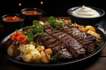 GRILLED STEAK WITH POTATO RICE AND VEGETABLES ON WHITE BACKGOURN, generative IA