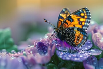 Painted Lady Butterfly on Dew-Kissed Purple Florals