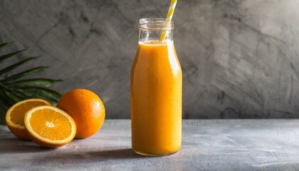 Orange smoothie in glass bottle with paper straw. Tasty and healthy drink. Summer beverage.