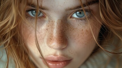 a close up of a woman s face with freckles and blue eyes - obrazy, fototapety, plakaty