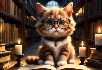 A smart cat with glasses reads a book in the evening in the library, a quiet evening by candlelight.