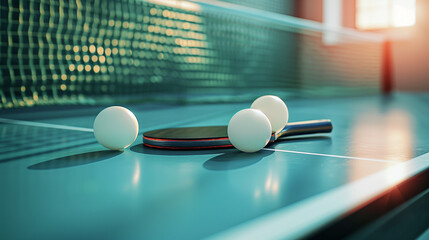 Two rackets and balls for table tennis or ping pong on a green table with a net, focus on the ball. Sports and competition concept.