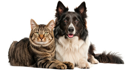 A dog and a cat sitting peacefully together next to each other on a white background. The concept of friendship between animals. Veterinary medicine, animal care.