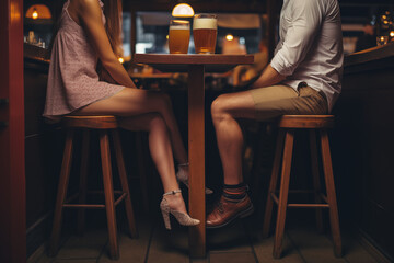 Woman and man at a table in a restaurant, pub. Acquaintance, meeting, date, conversation, love affair, love adventure, adultery, conversation, business conversation
 - obrazy, fototapety, plakaty