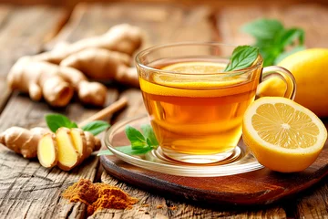 Fotobehang Glass cup of hot ginger tea with lemon, honey and mint on dark rustic table. natural homemade remedy for cold and flu. © Vero