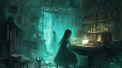 Terrifying young woman working on a cursed project in her haunted workspace, surrounded by eerie spirits, in the style of horror.