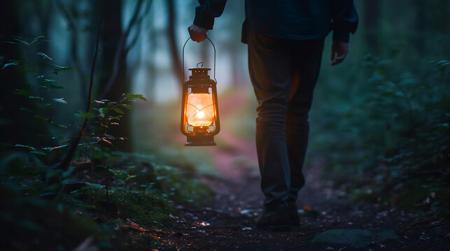 A person holding a lantern in a dark forest, with a path illuminated ahead, symbolizing guidance and hope in mental health recovery.