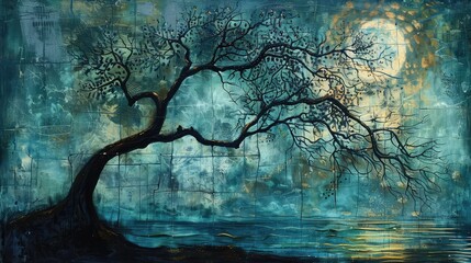 Naklejka premium Twisted tree forms with quilt inspired patterns emerge from the darkness, a blend of nature and abstract art. Vibrant abstract quilted tapestry artwork intricate patterns and gradian