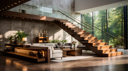Fototapeta premium Interior of light living room with sofa, plants and wooden stairs.