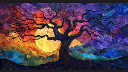 Twisted tree forms with quilt inspired patterns emerge from the darkness, a blend of nature and abstract art. Vibrant abstract quilted tapestry artwork intricate patterns and gradian