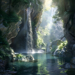 waterfall in the cave hidden haven  - obrazy, fototapety, plakaty