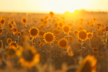 field of sunflowers bathed in the warm glow of the setting sun