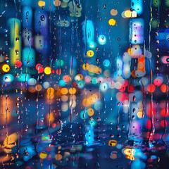 Sleepy drunk images neon nights city lights looked through raindrop window screen