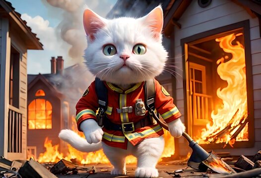 A fireman cat extinguishes a fire in a house.