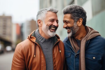 gay couple happy expression outdoors in a city. ai generated