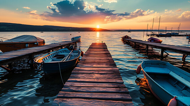 Fototapeta sunset over a pier on with boats on a lake. copy space
