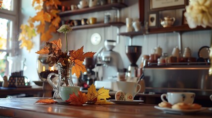 Fototapeta na wymiar portrait of a charming coffee shop or cafe with autumn decorations