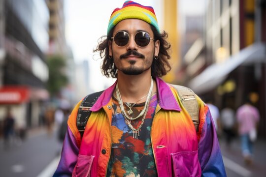 Hipster man with dreadlocks and colorful hat in the city