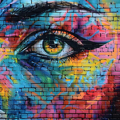 Fototapeta premium lady eye graffiti on the wall street art expressions colors on brick wall