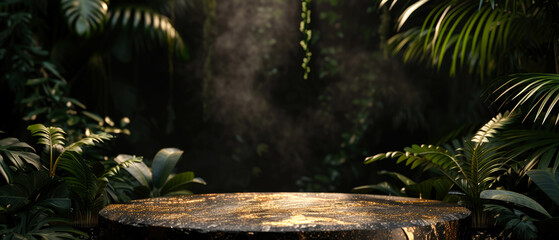 Stone platform, podium with gold on dark jungle tropical leaves background. Layout, display for product presentation. Lights, shadows effect. Generative AI